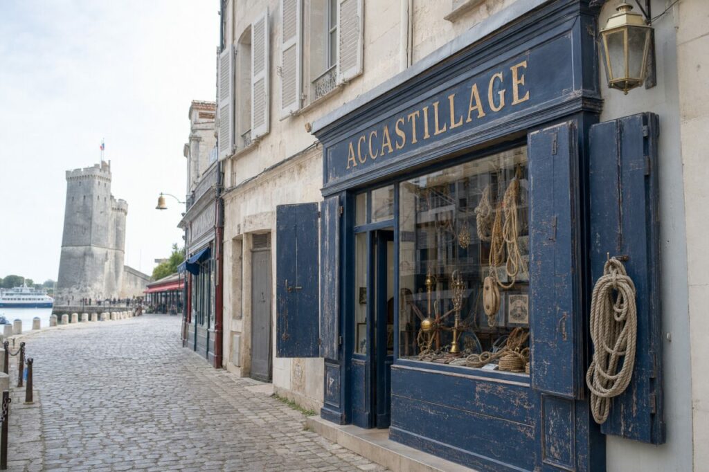 Accastillage ancien à La Rochelle, cordages et poulies dans une boutique du vieux port