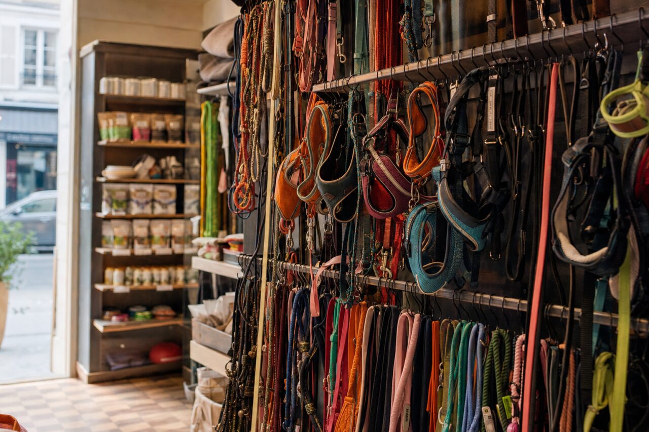Accesorios caninos de colores en un panel mural