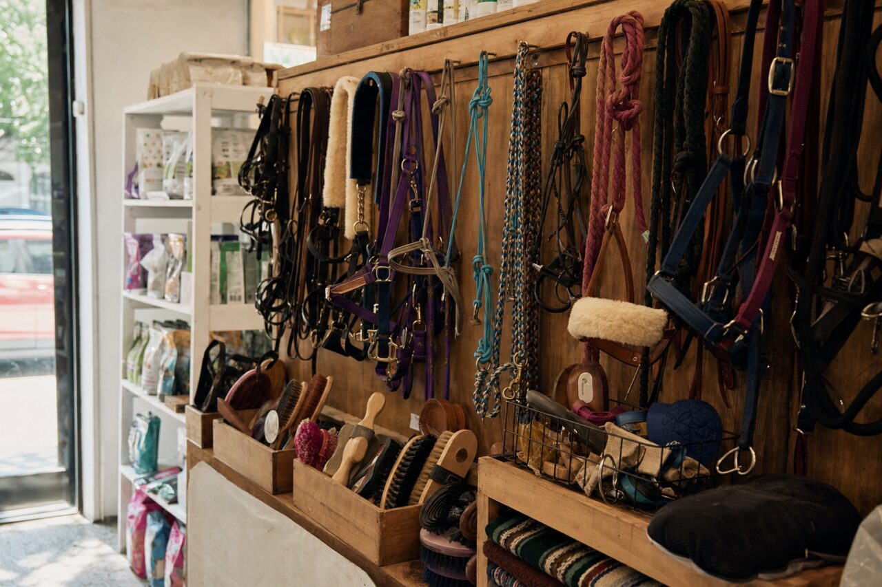 Farbige Reitaccessoires in einem Holzmöbel