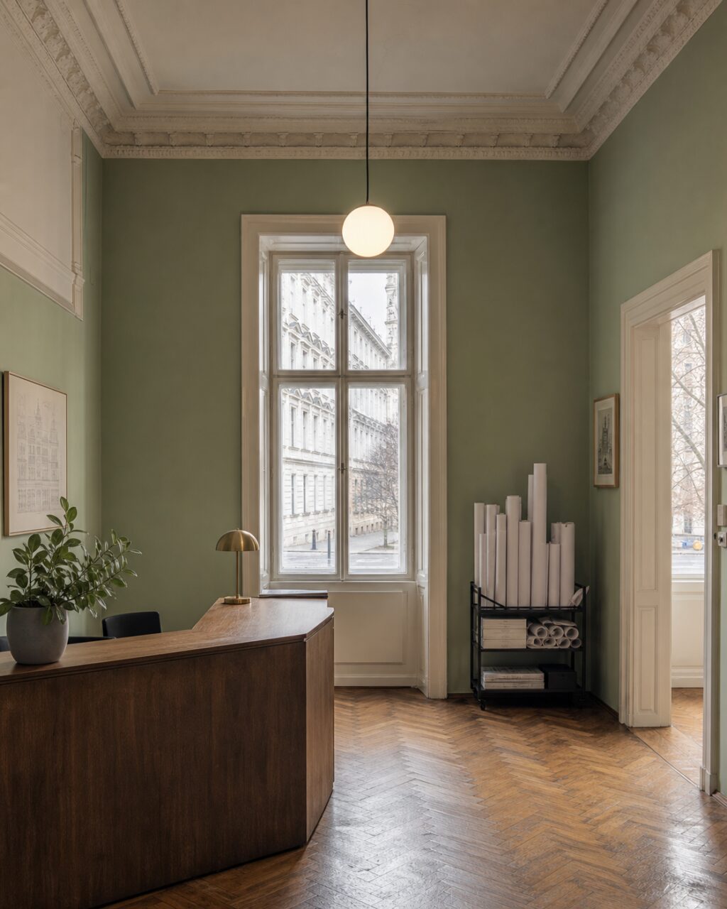 Receção de agência imobiliária em Viena com balcão de madeira e plantas enroladas