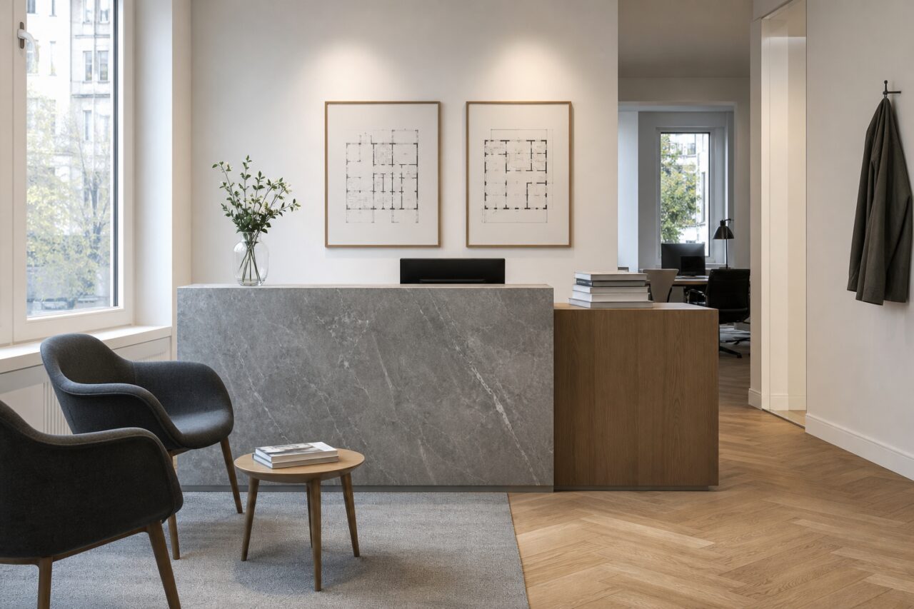Recepción de una agencia inmobiliaria en Zúrich con planos enmarcados