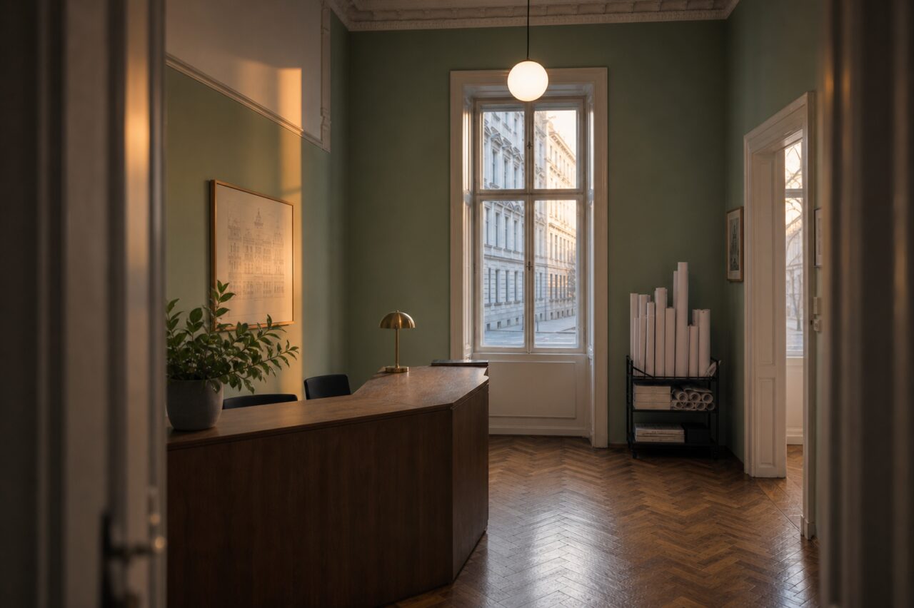 Reception immobiliare viennese vista da una porta nella luce della sera