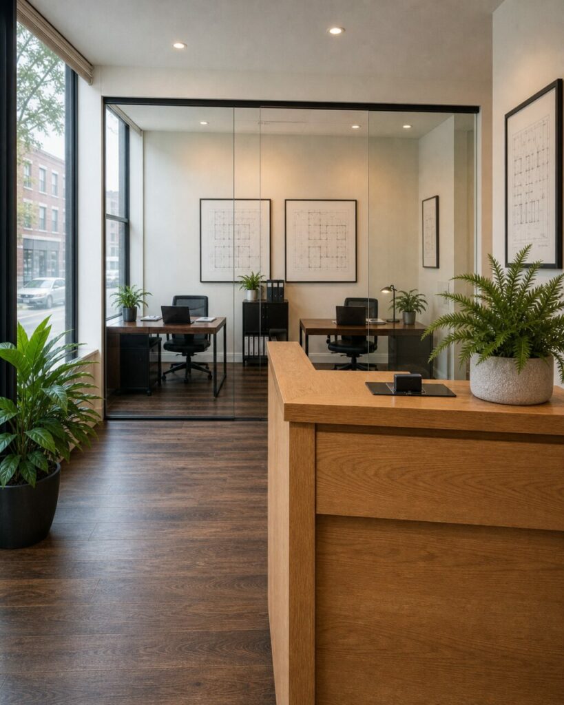 Agence immobilière de Chicago avec comptoir en chêne