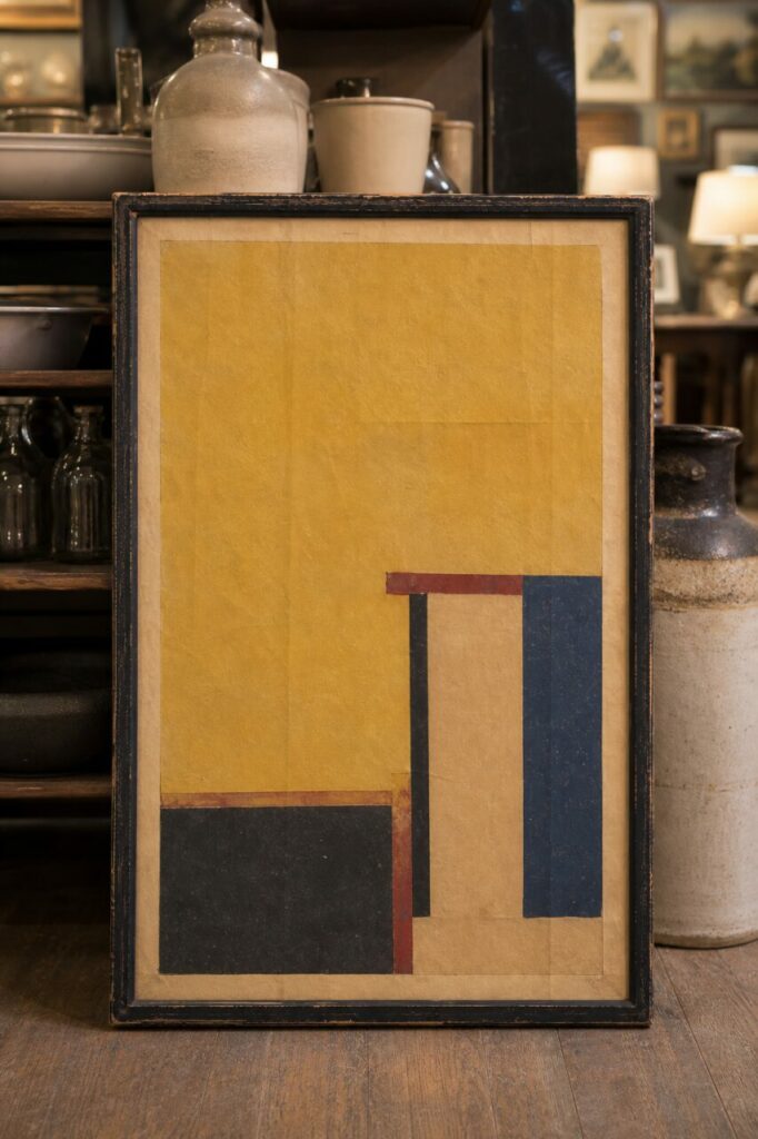 Affiche abstraite verticale aux rectangles de couleur dans une boutique d’antiquités