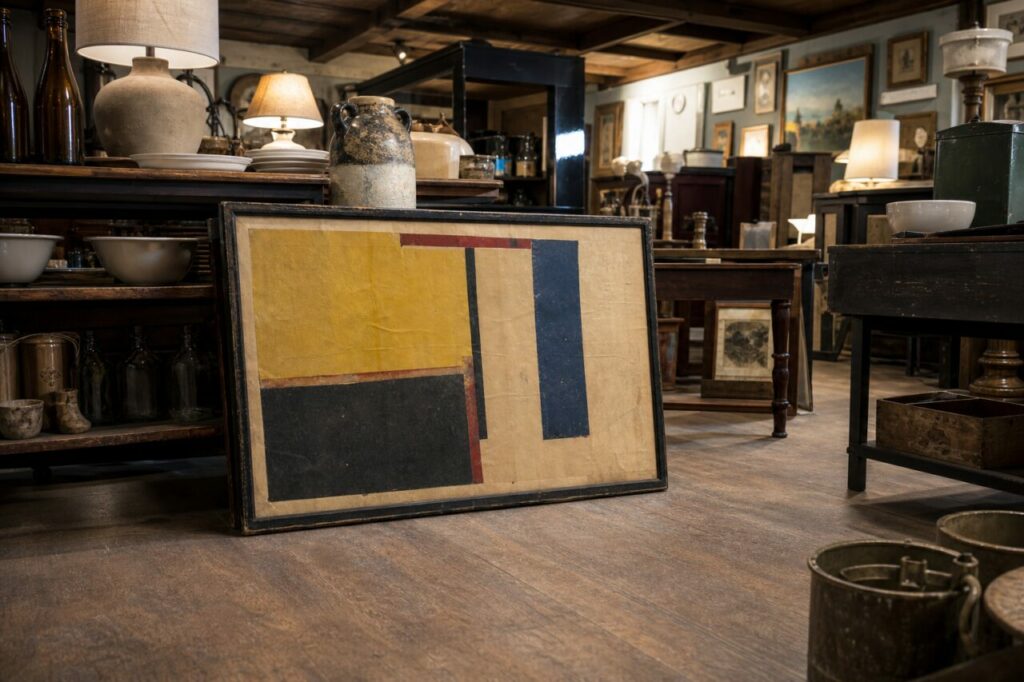 Affiche abstraite encadrée dans la vue large d’une boutique de brocante