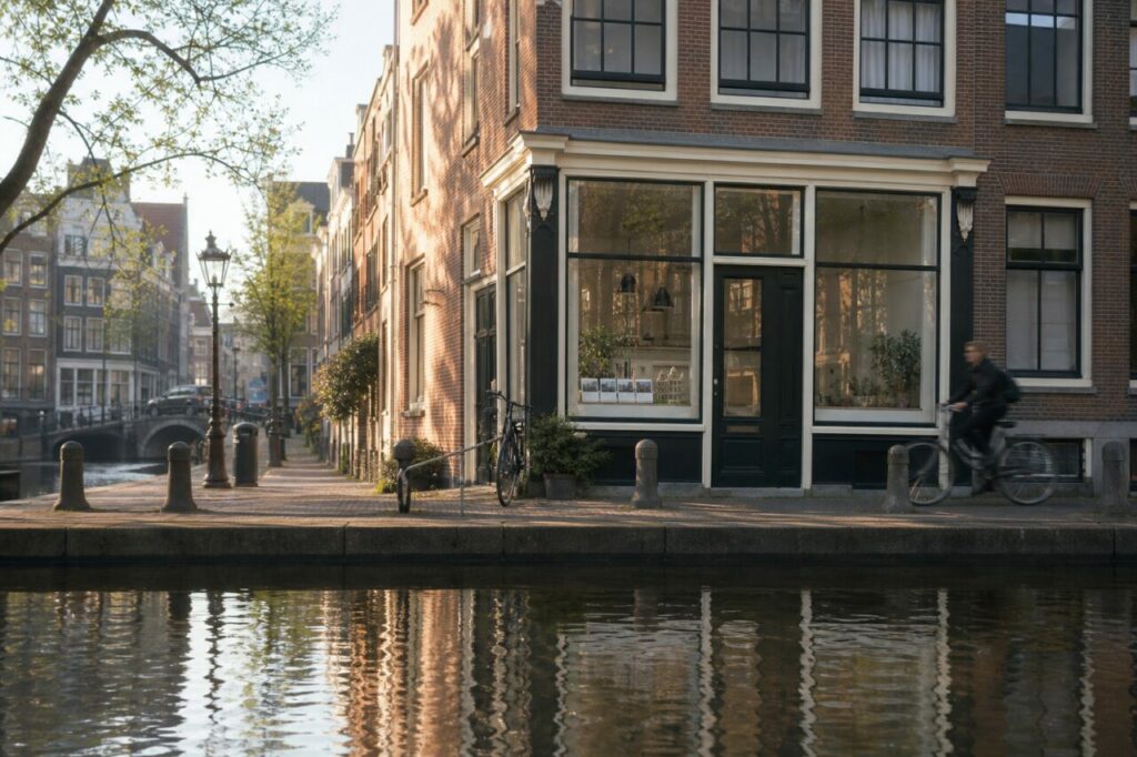 Agenzia immobiliare sul canale di Amsterdam con ciclista in movimento