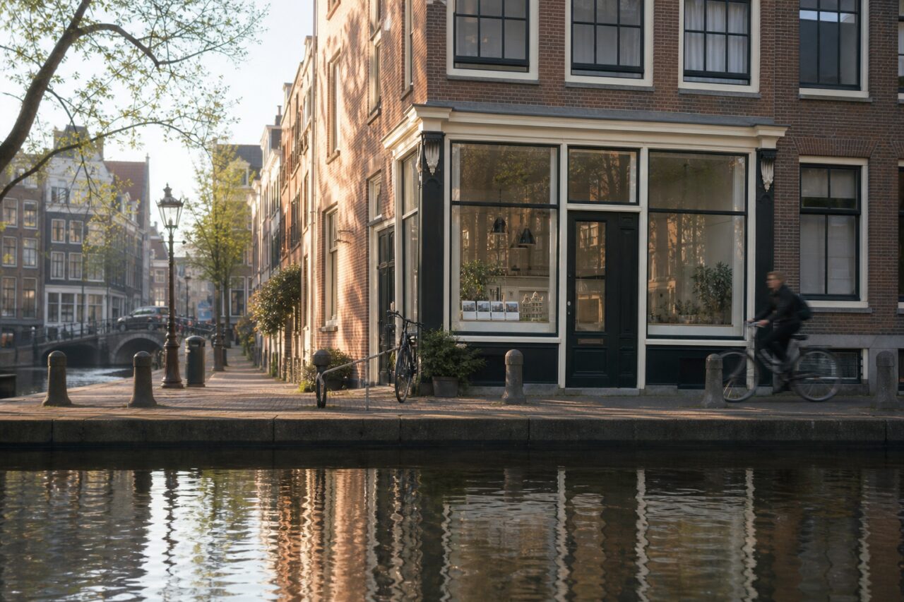 Agence immobilière au bord du canal à Amsterdam avec cycliste en mouvement