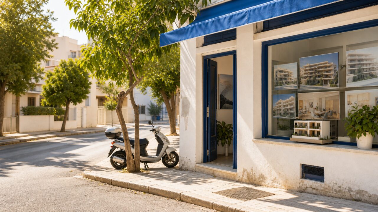 Makelaarskantoor in Athene aan een lommerrijke straat