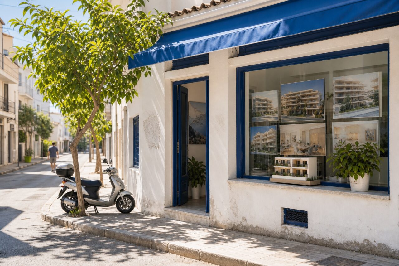 Makelaarskantoor in Athene aan een lichte woonstraat