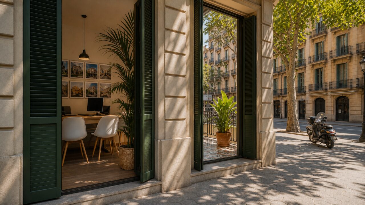 Barcelonisches Immobilienbüro zwischen offenem Arbeitsraum und Baumstraße