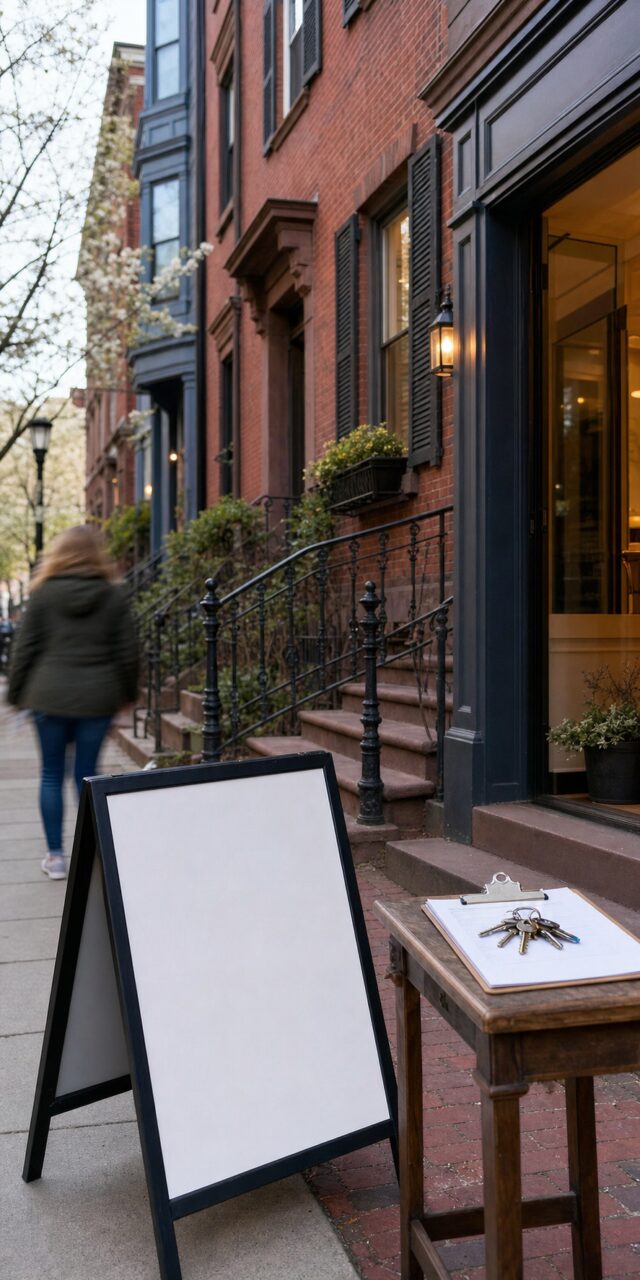 Agencia inmobiliaria de Boston con cartel de visita y llaves