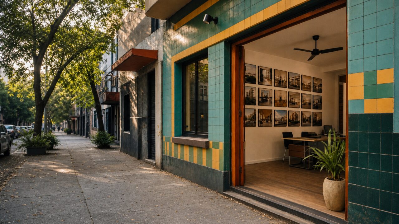 Agence immobilière colorée ouverte sur un trottoir de Mexico City
