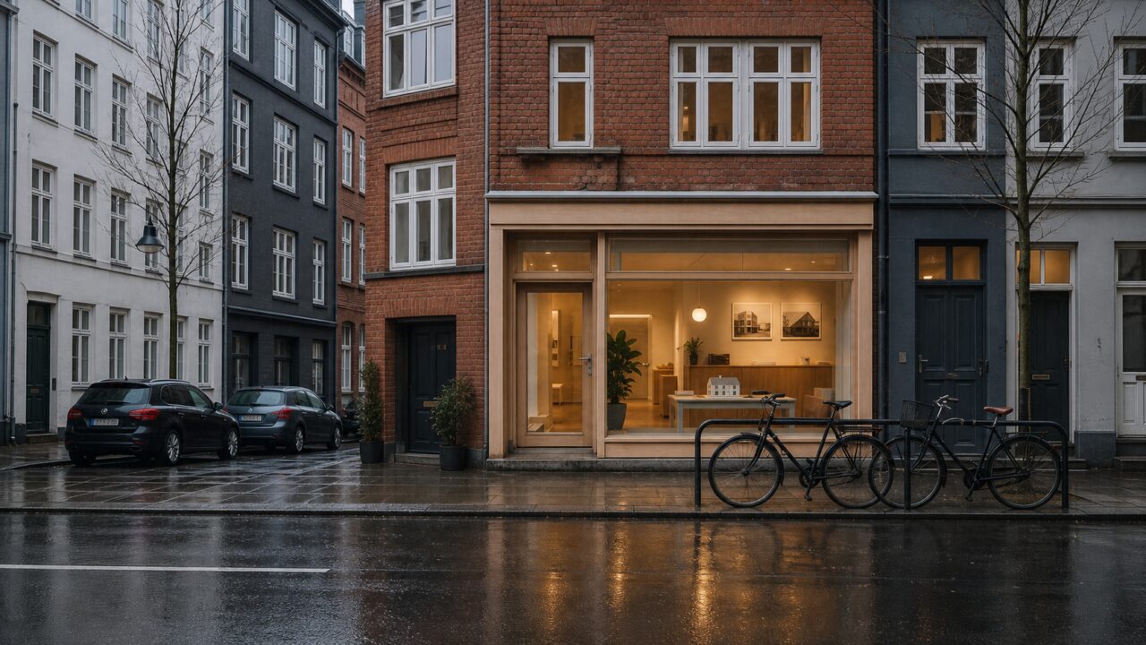 Agencia inmobiliaria de Copenhague en una calle residencial de fachadas de ladrillo