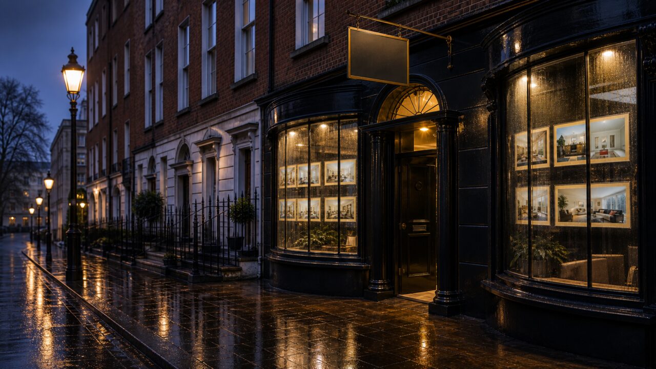 Agence immobilière de Dublin au crépuscule dans une rue géorgienne mouillée