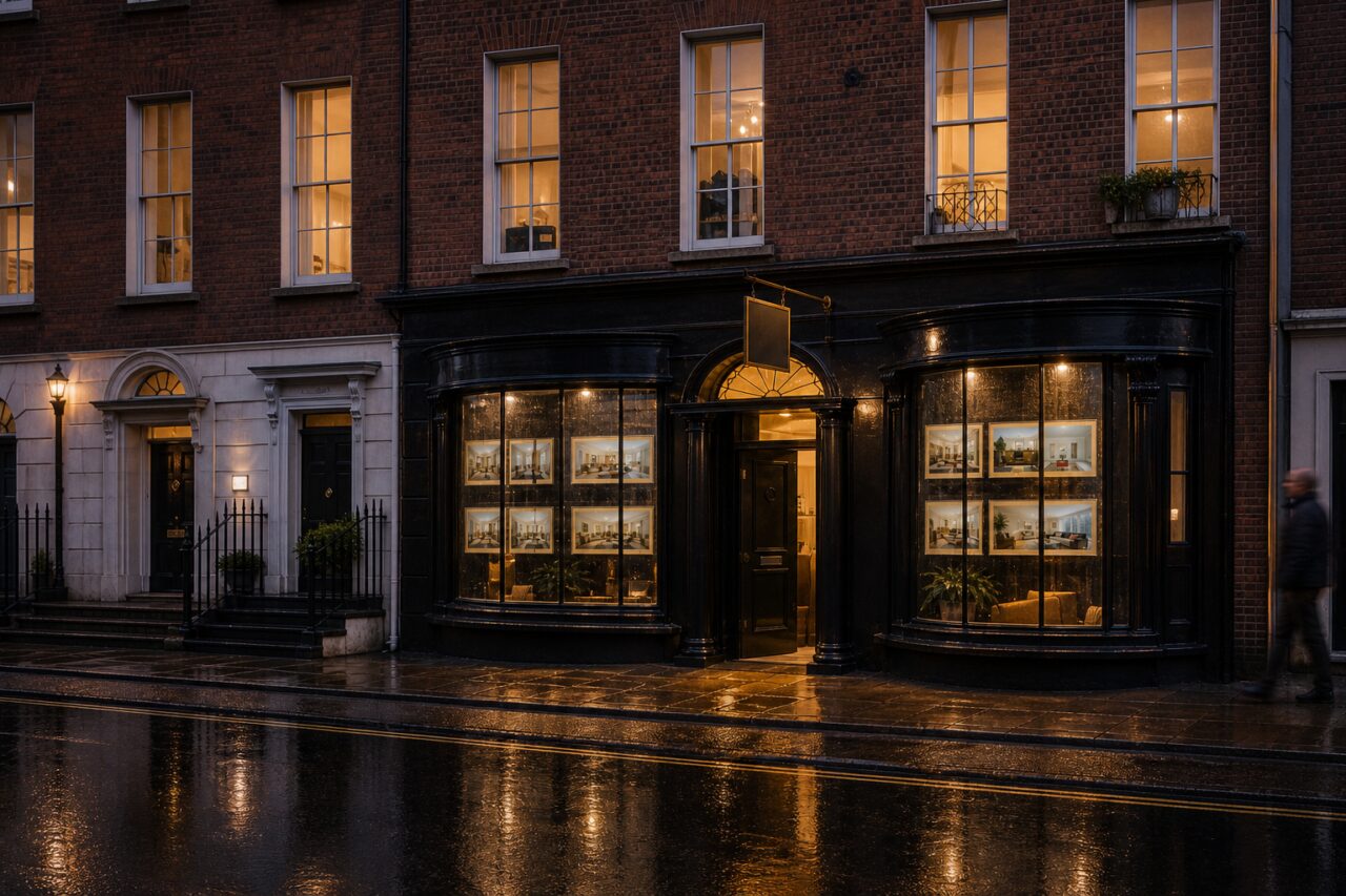 Makelaarskantoor in Dublin tussen Georgische huizenrijen in de regen