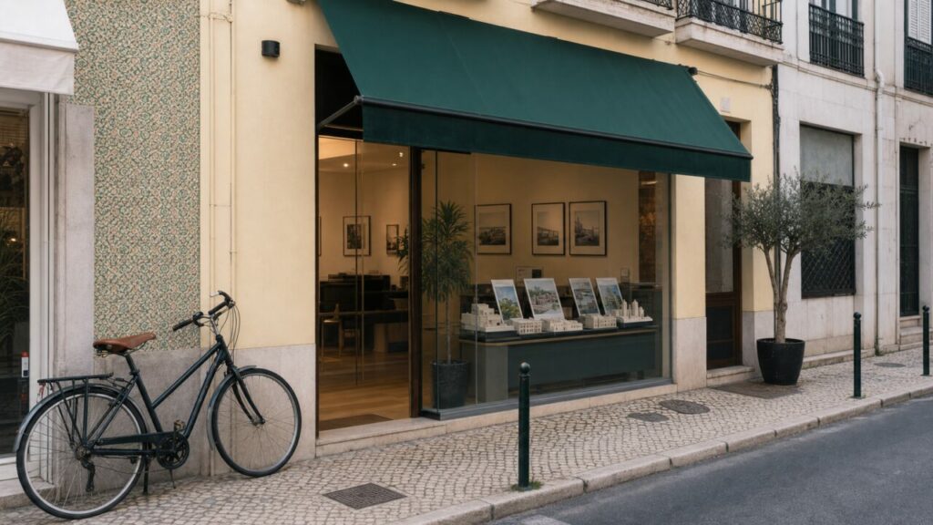 Lisbon real estate agency with a glazed storefront beneath a large green awning