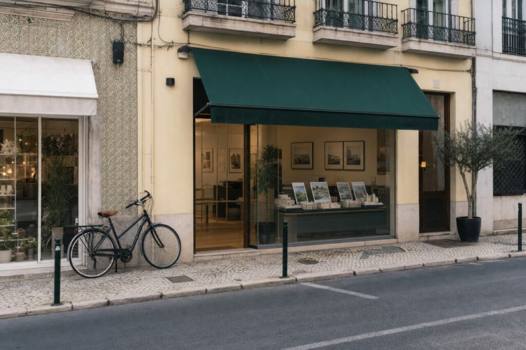 Agence immobilière à Lisbonne, vitrine sous auvent vert et vélo devant la façade