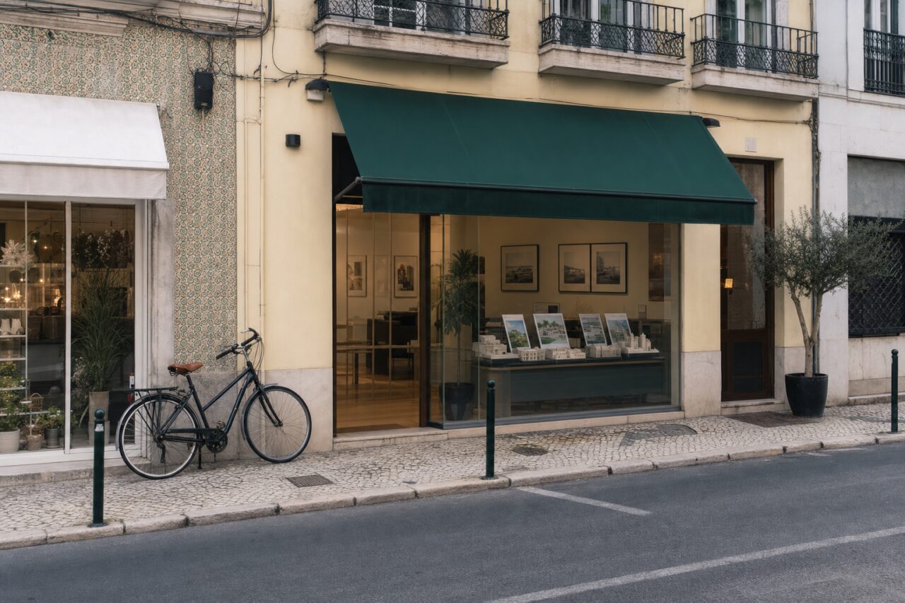 Agence immobilière à Lisbonne, vitrine sous auvent vert et vélo devant la façade