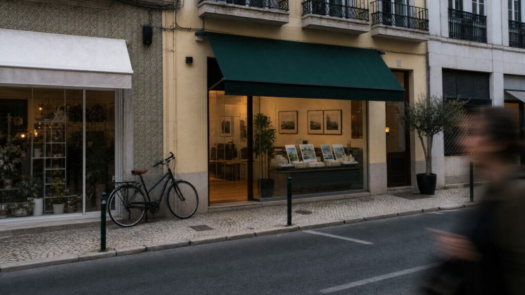 Immobilienagentur in Lissabon mit beleuchtetem Schaufenster, Fahrrad und Azulejo-Fassade