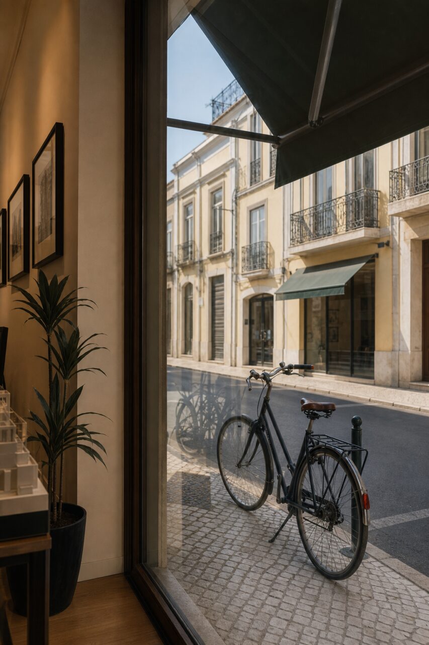 Agência imobiliária em Lisboa, vista interior para o toldo e a bicicleta na rua