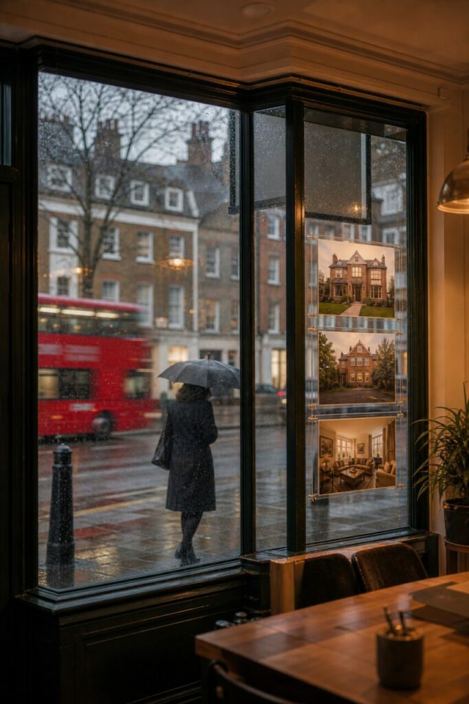 Agence immobilière londonienne, bus rouge et pluie sur la vitre