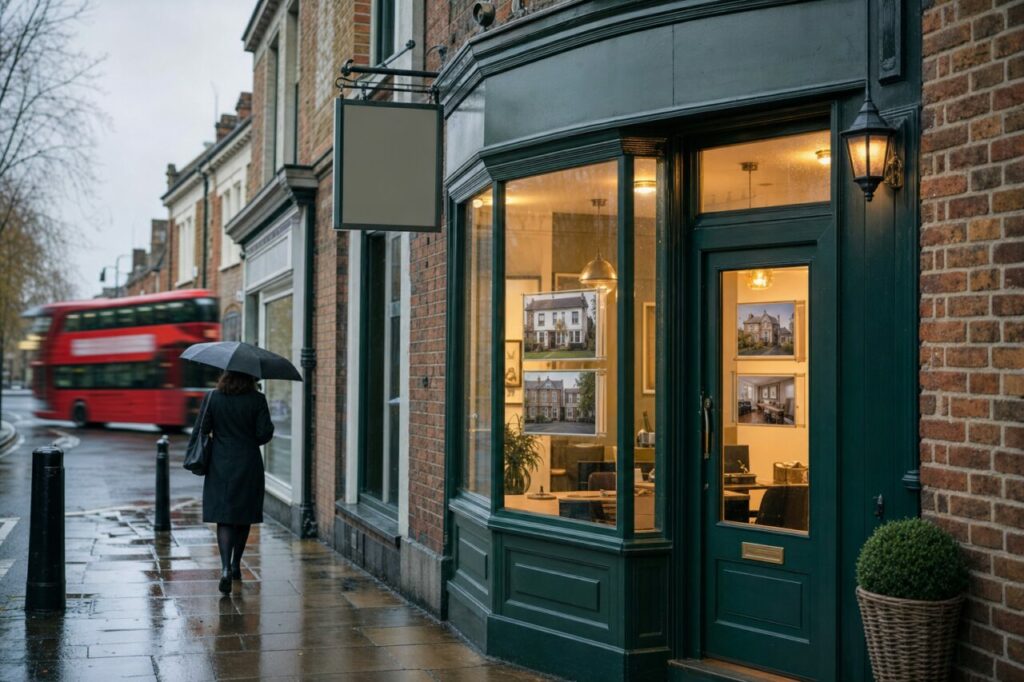 Agence immobilière londonienne sous la pluie avec bus rouge