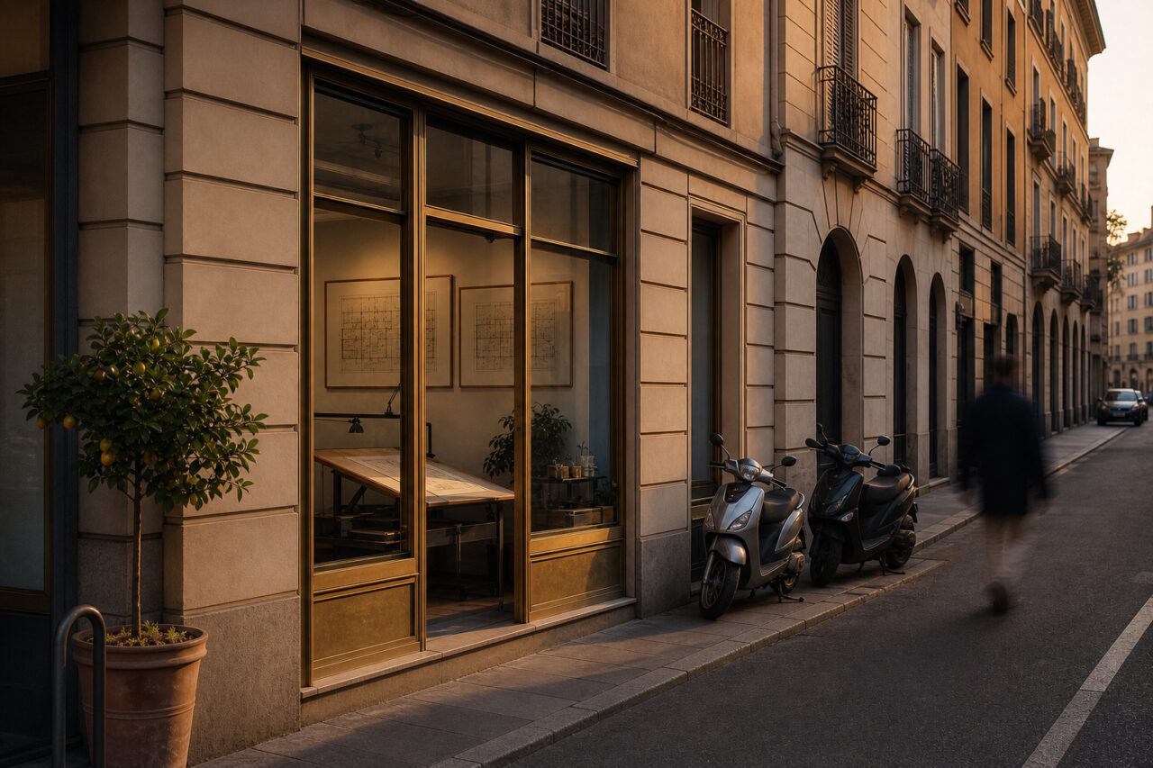 Agence immobilière à Milan avec scooters et passant flou au coucher du soleil