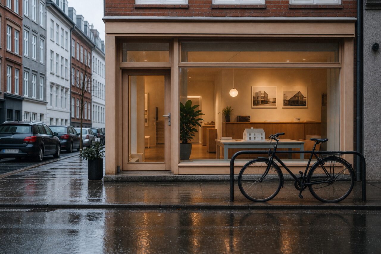 Minimal real-estate office and lined-up bicycles on a wet Copenhagen street