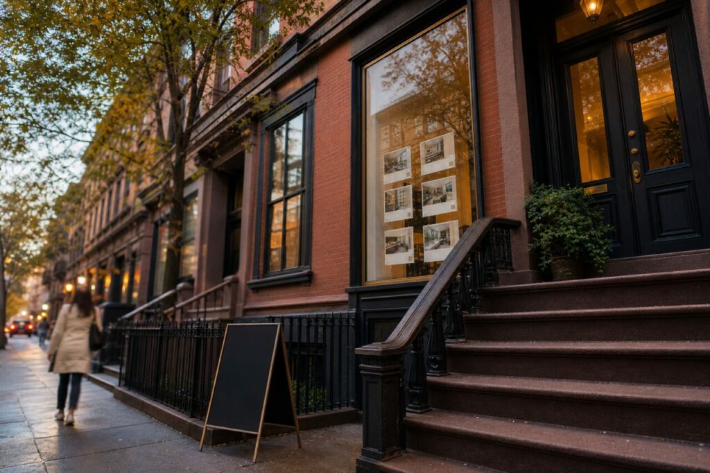 Agence immobilière new-yorkaise, brownstone et annonces d’intérieurs