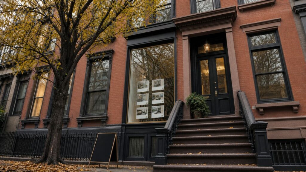 Agence immobilière de brownstone new-yorkais sous les arbres