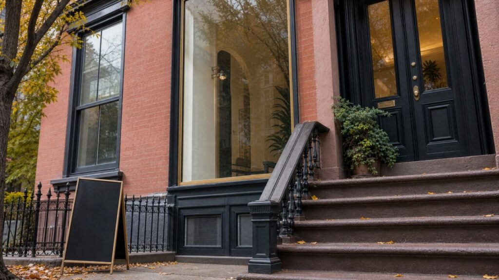 Agence immobilière new-yorkaise, escalier et vitrine vide