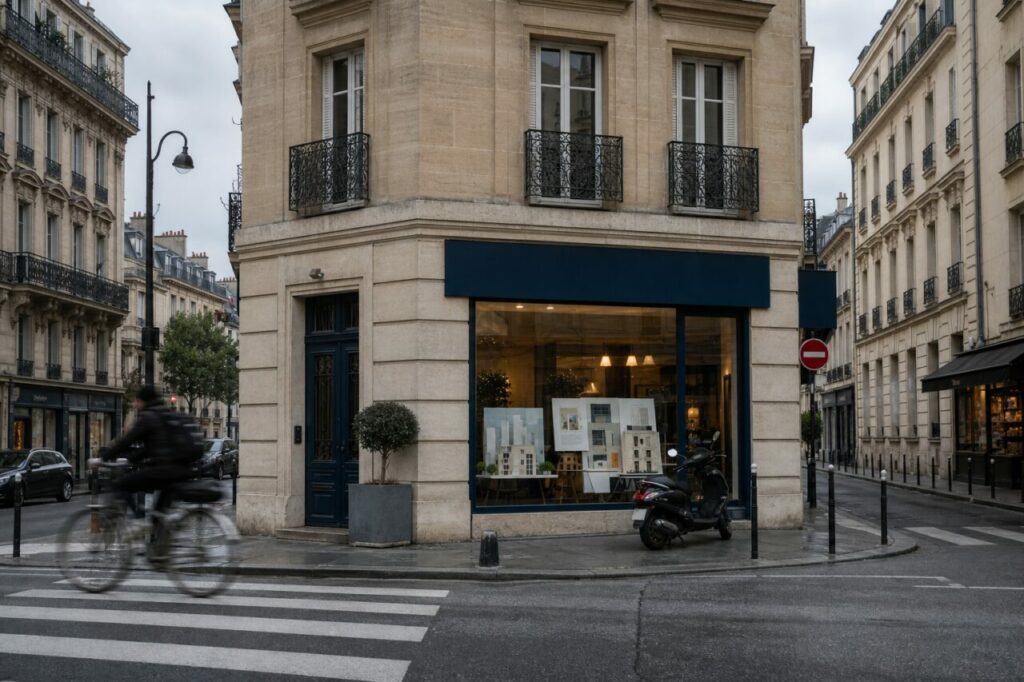 Agence immobilière parisienne avec cycliste devant la vitrine