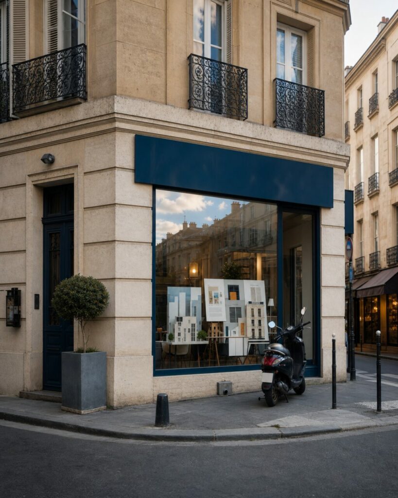 Agence immobilière à Paris, devanture bleu nuit avec maquettes et scooter stationné