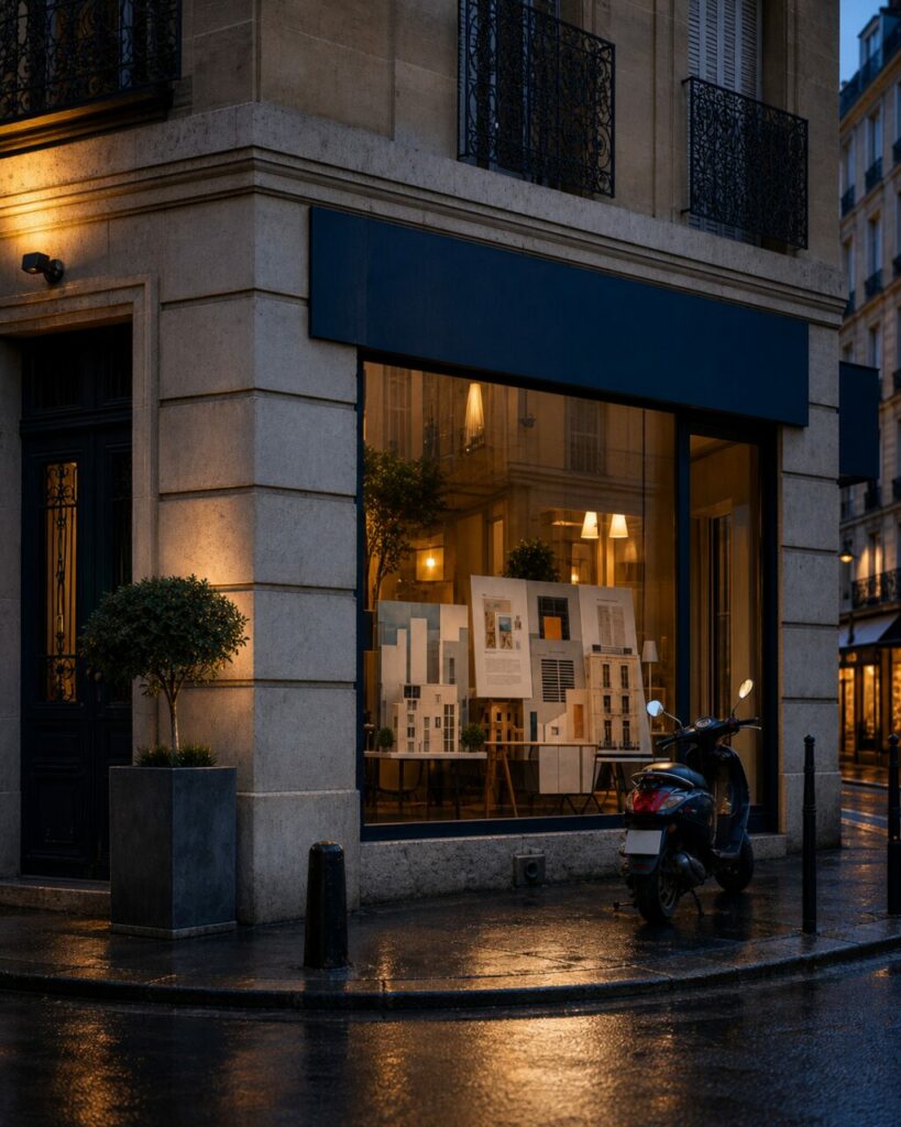 Agence immobilière parisienne sous la pluie, maquettes éclairées
