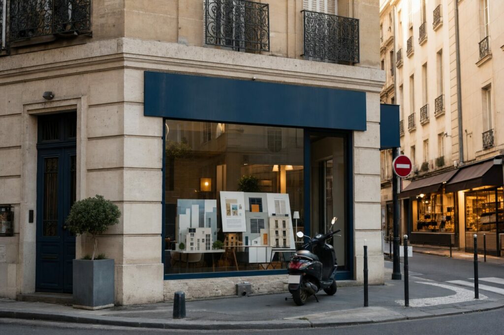 Agence immobilière à Paris, vitrine bleue avec maquettes d’immeubles et scooter