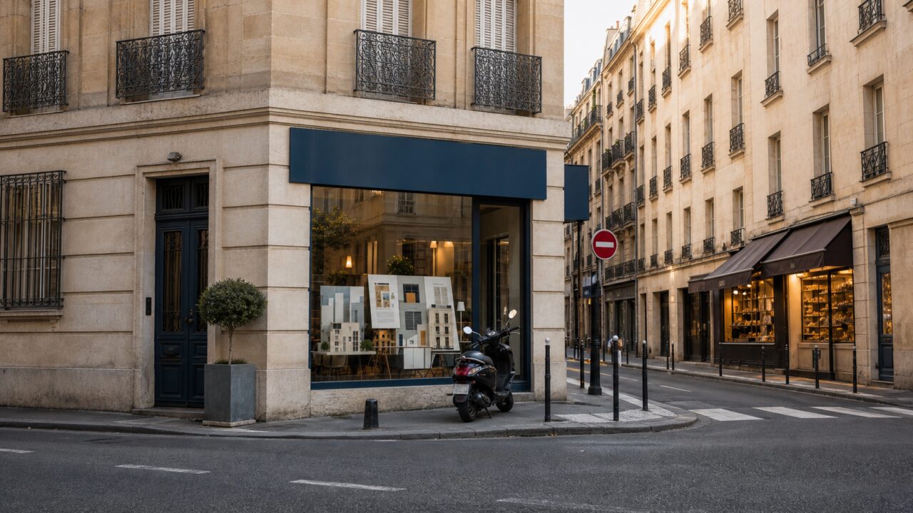 Pariser Immobilienagentur mit Architekturmodellen im Schaufenster