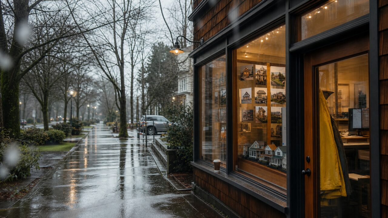 Agenzia immobiliare di Seattle accanto a un viale alberato sotto la pioggia