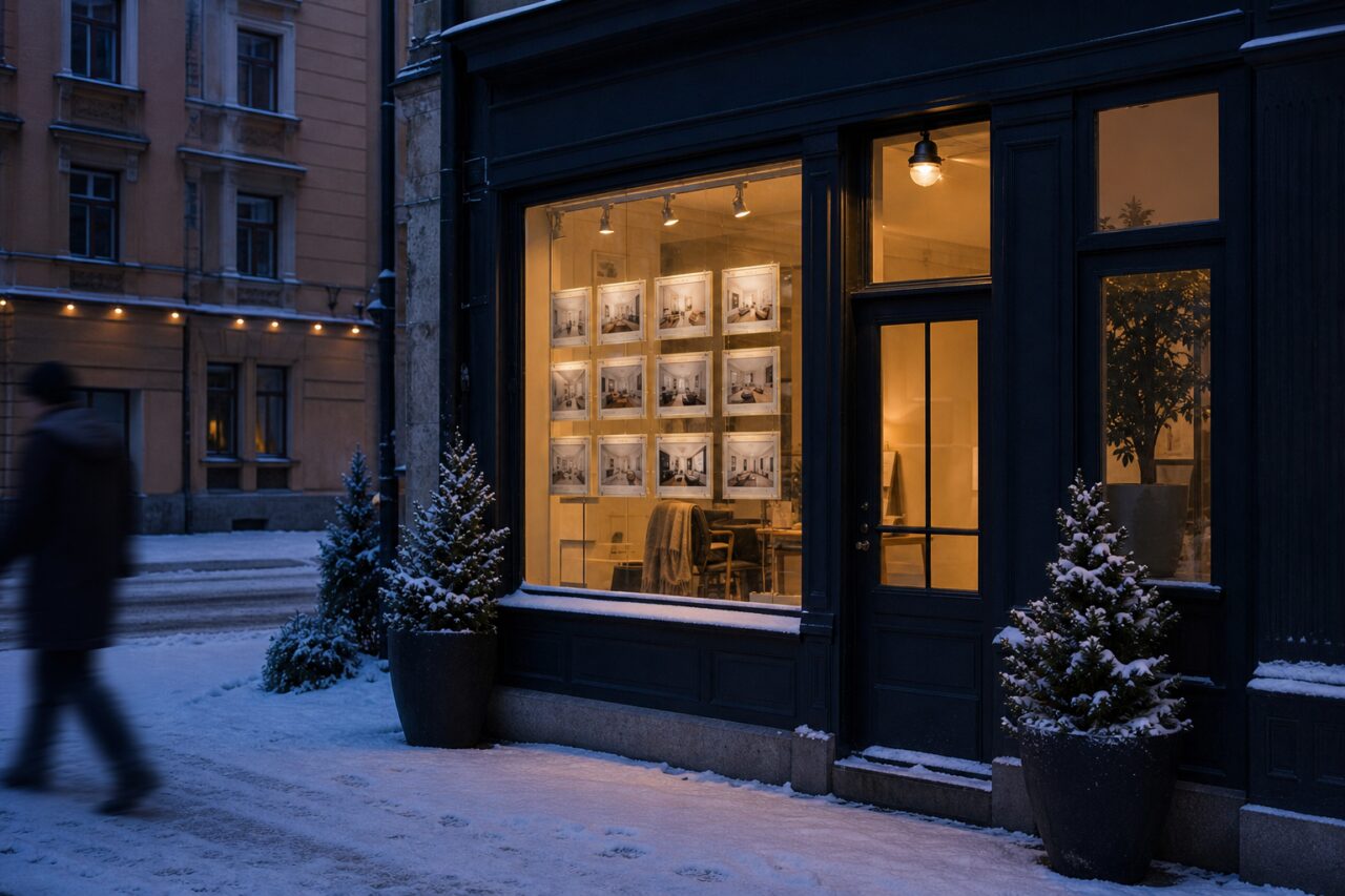 Immobilienbüro in Stockholm an einer verschneiten Straße mit unscharfer Passantin