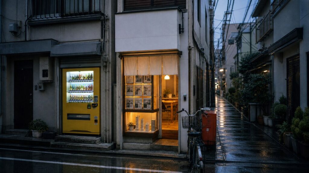 Makelaarskantoor in Tokio in een natte steeg bij schemering