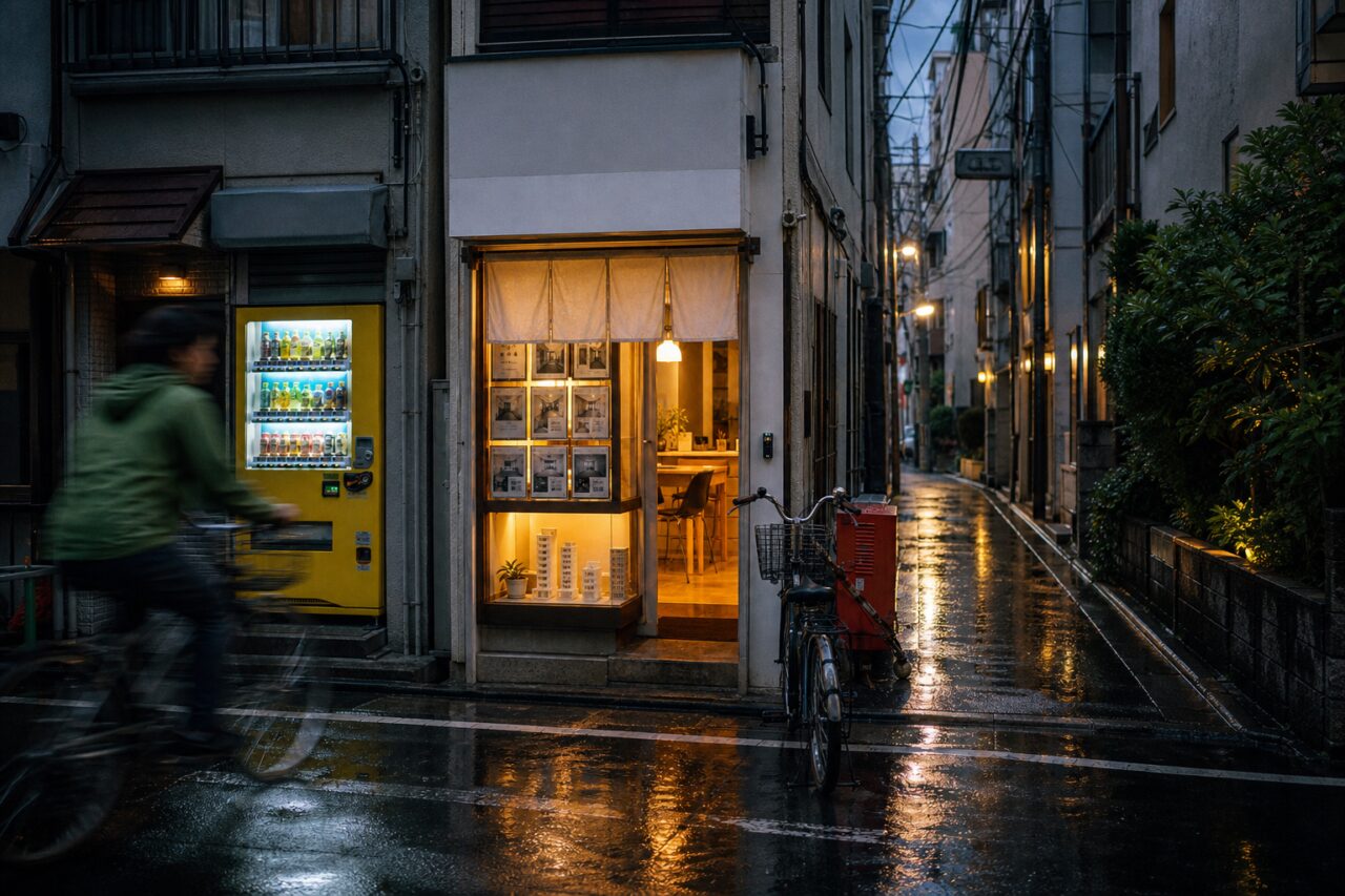 Illuminated Tokyo real estate office in a rainy alley