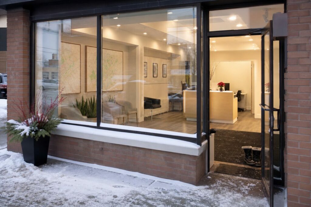 Immobilienbüro in Toronto hinter einem verschneiten Schaufenster
