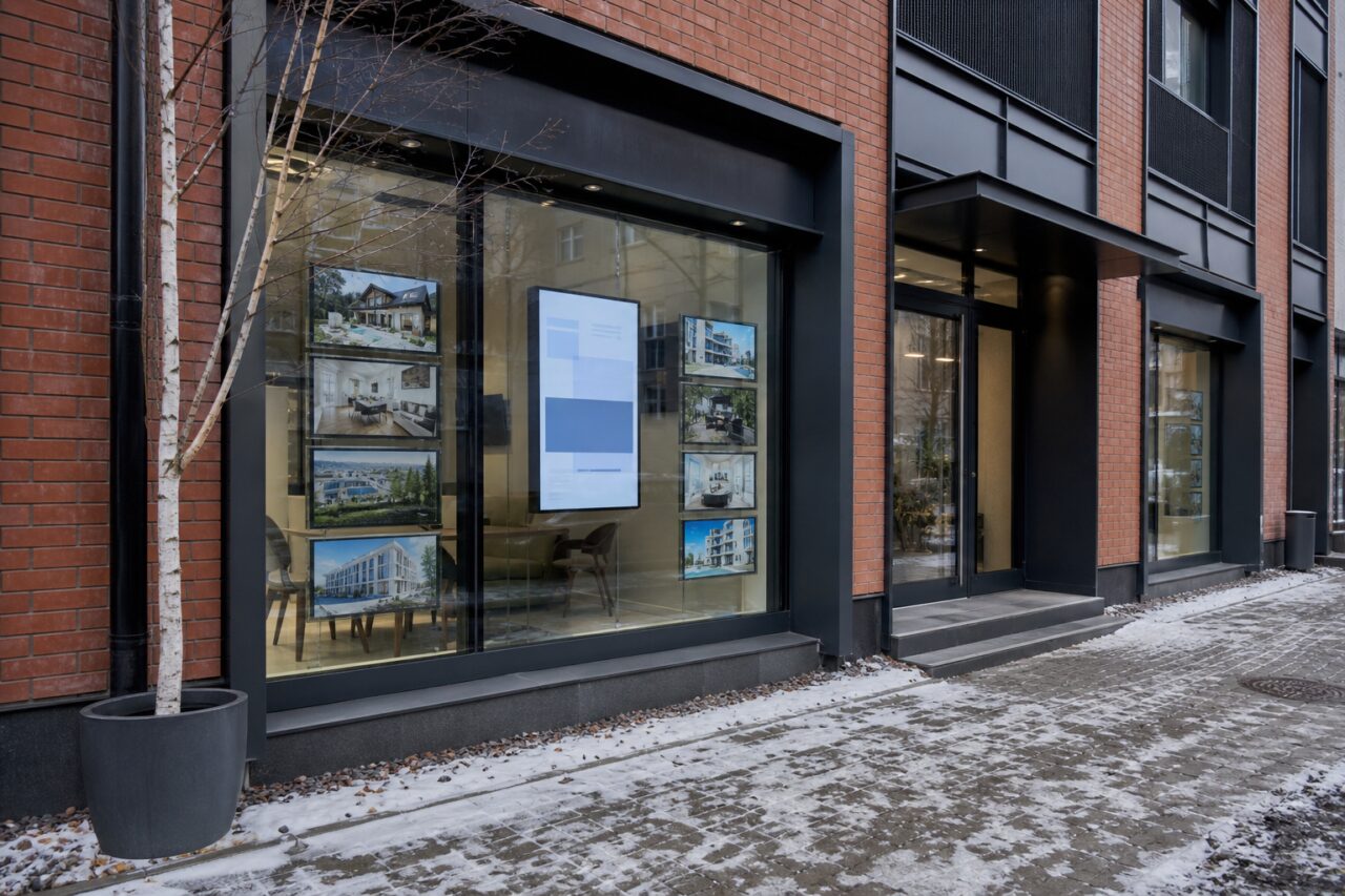 Immobilienbüro in Warschau an einer verschneiten Backsteinfassade