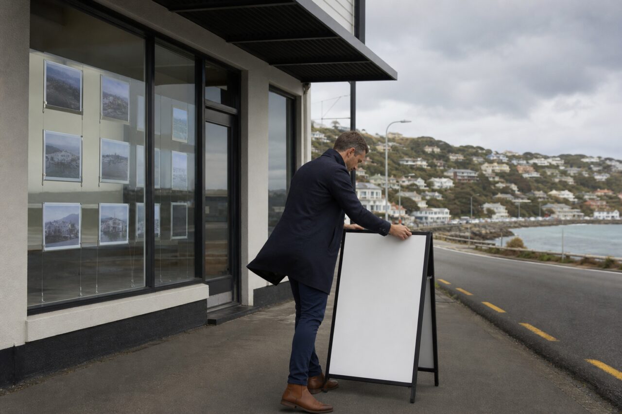 Makler stellt einen Kundenstopper vor einer Agentur am Wasser auf