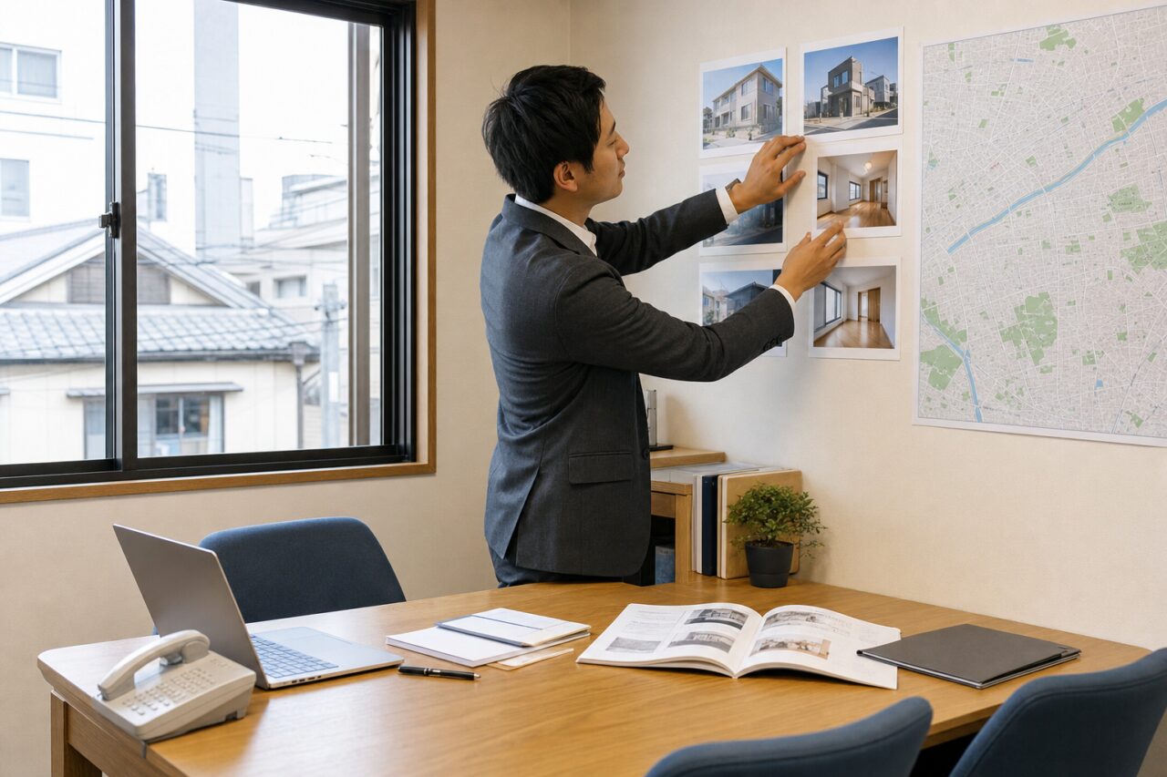 Agent arranging property photographs beside a wall map