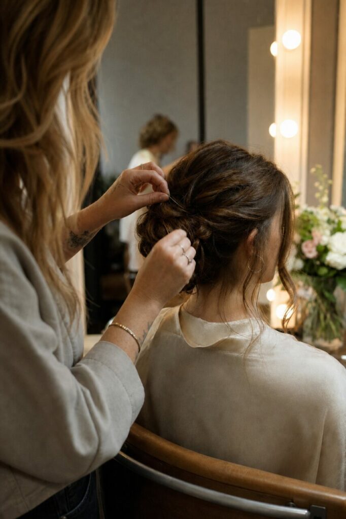 Au salon, la coiffeuse ajuste le chignon brun