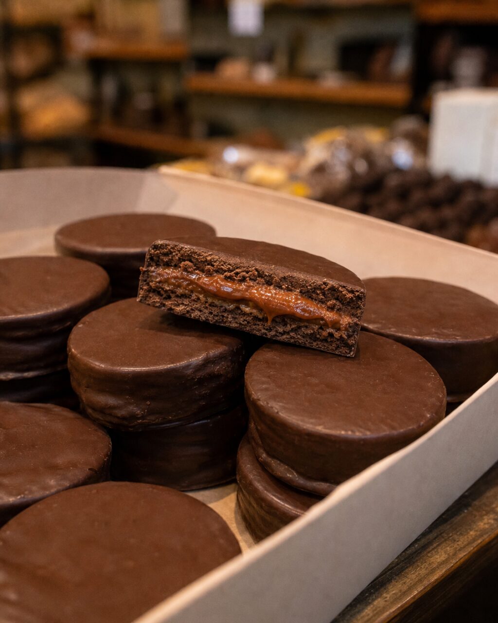 Doormidden gesneden chocolade-alfajor
