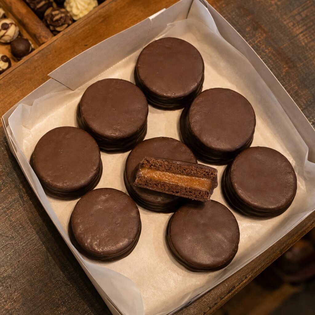Schokoladenalfajores in Draufsicht