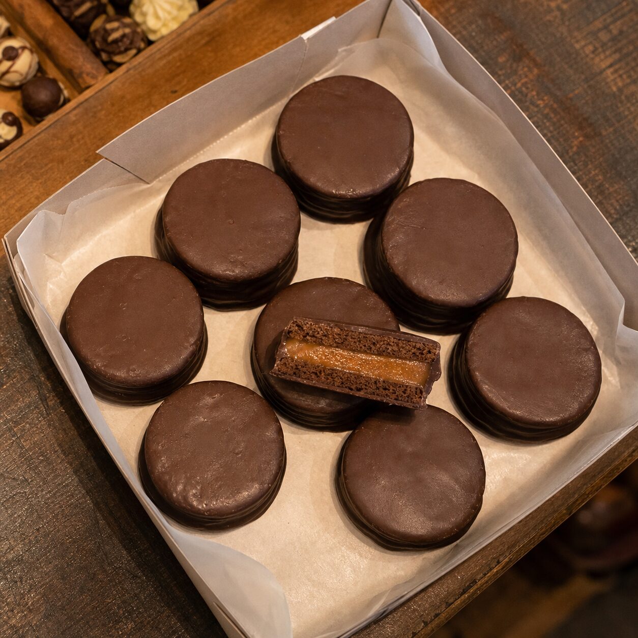 Alfajores de chocolate vistos de cima