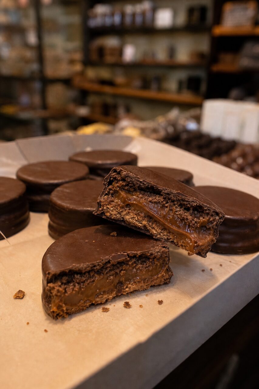 Alfajores cortados con relleno ámbar