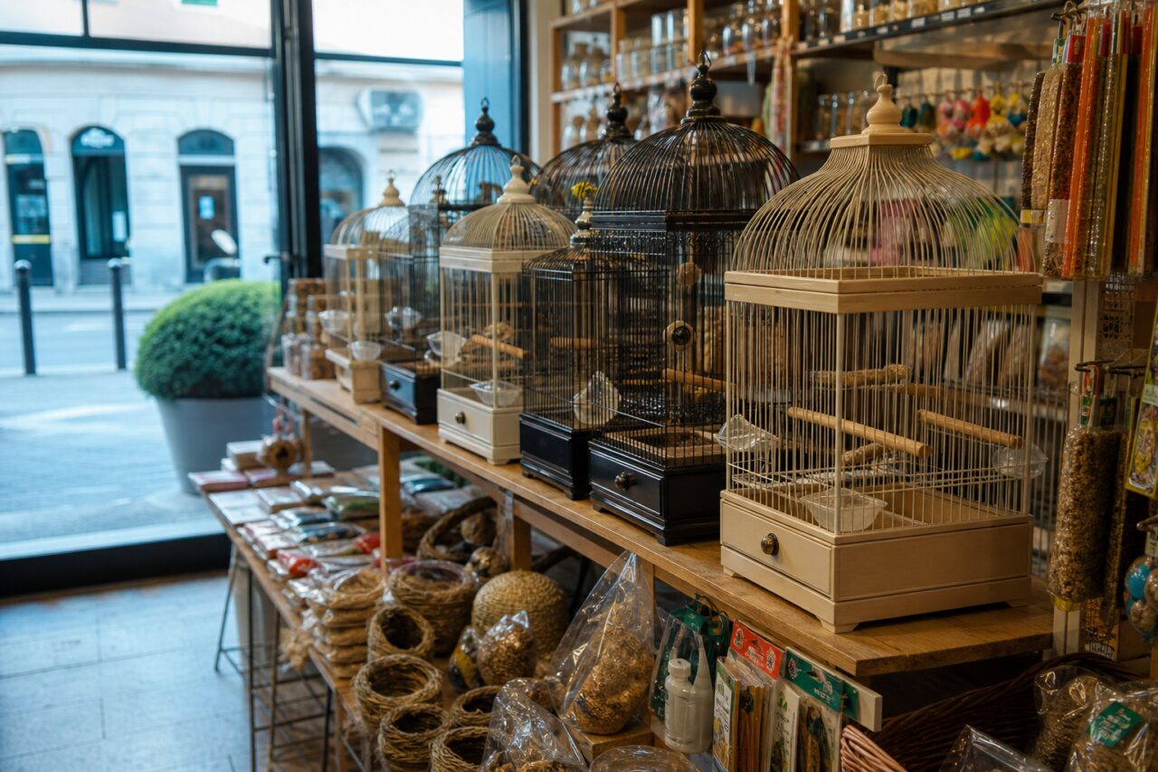 Fila de gaiolas antigas para aves numa prateleira de loja de animais